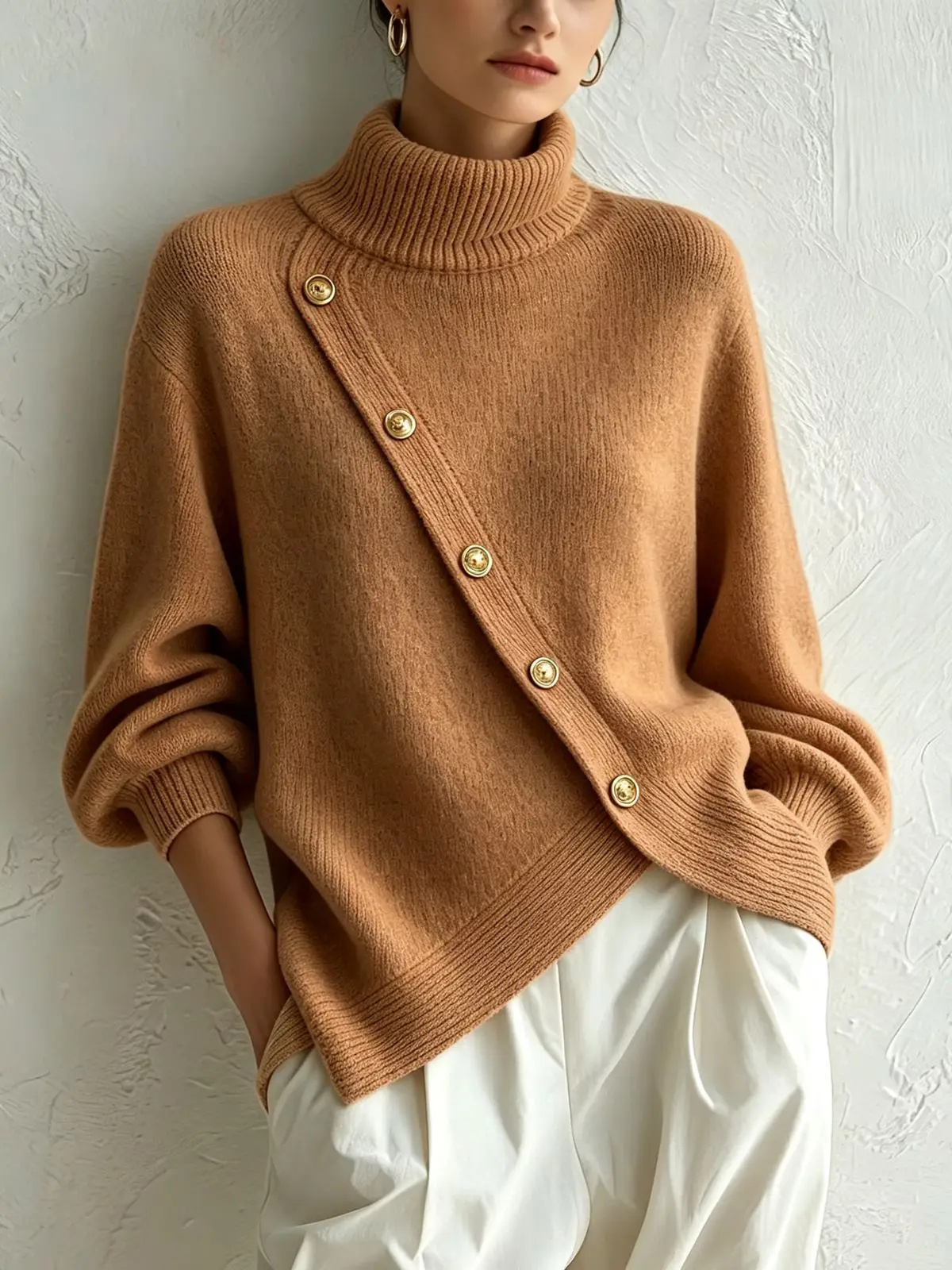 MsChuh Women's Loose Button Knitted Sweaters New Autumn Fashion Turtleneck Lazy Style Irregular Sweater For Women With Slits