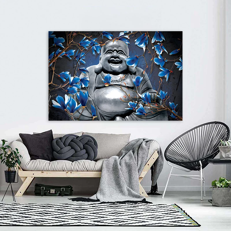 One Piece Buddha Posters Blue Flowers Painting Canvas Prints Wall Art Pictures for Living Room Home Decoration Zen No Frame