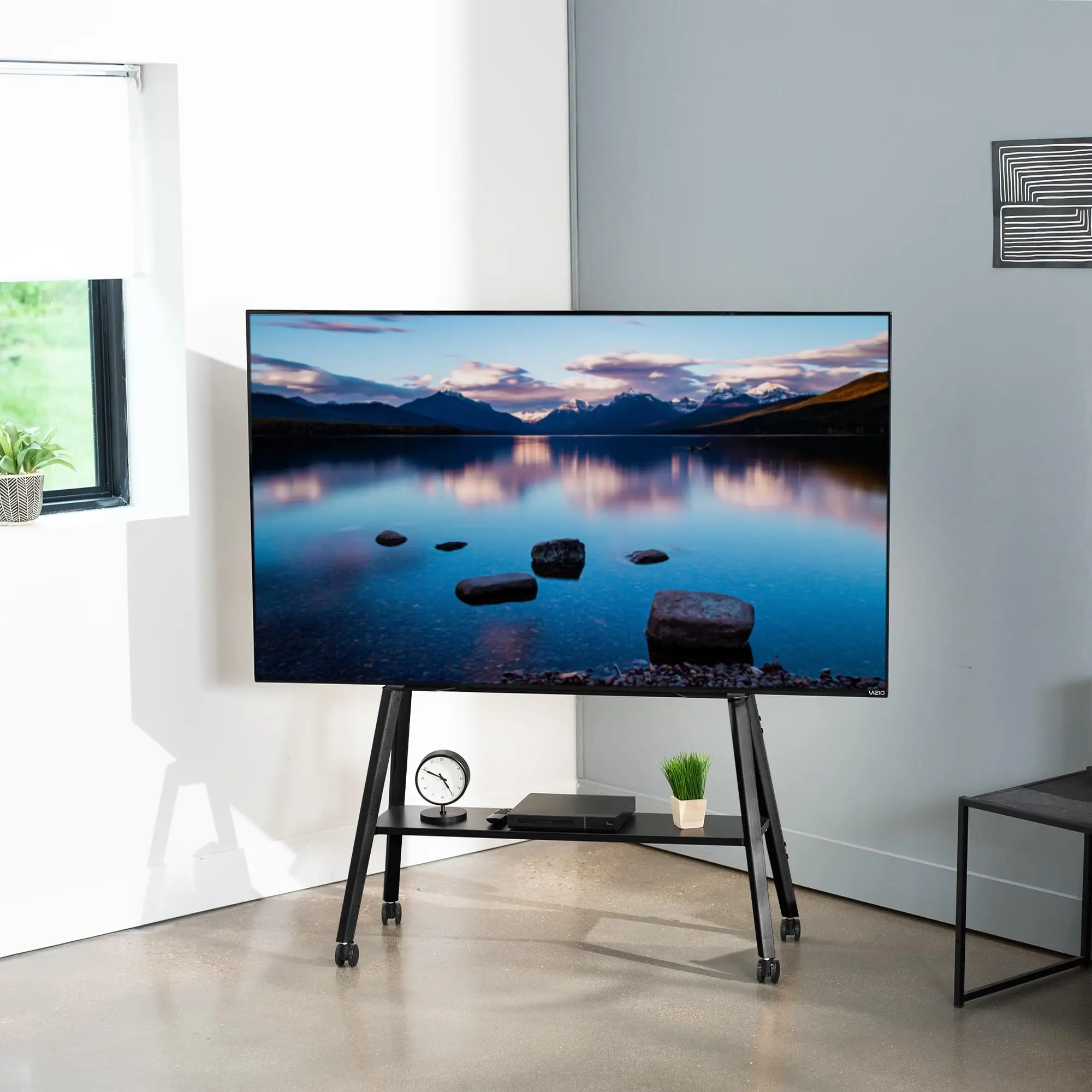Rolling Artistic Easel 43 to 75 inch LED LCD Screen Mobile Studio TV Display Stand, Wood Accessory Shelf, Adjustable TV