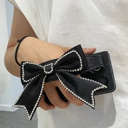 For Samsung Galaxy Z Fold 7 6 5 4 3 2 5G Phone Case Fashion Cute Big Diamond Bow Wrist Band Bracket Leather Phone Case Cover