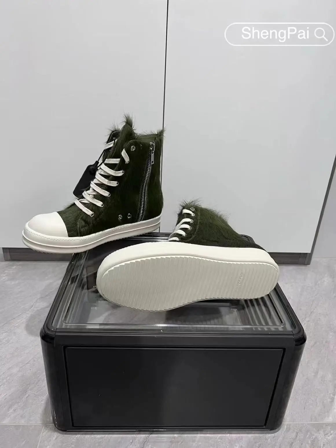 Ricks Army Green Long Horsehair High Top Shoes Owens Men's Sneakers Leather Casual Shoes Zip Lace-up Design Women's Shoes & Boot