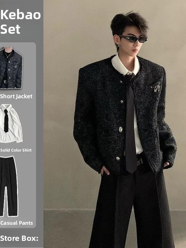 

Short Jacket Knitted without Collar Men's Model Fashionable Set Korean Style Long Sleeve Long Pants Polyester Blend