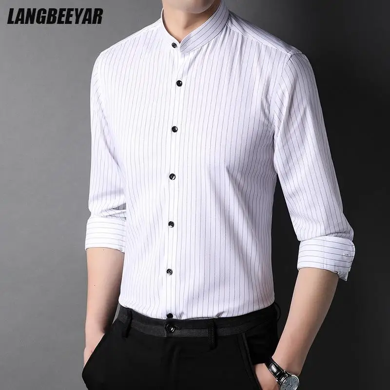 New Fashion Brand Designer Mandarin Collar Slim Fit Vertical Stripes Mens Shirts Casual Luxury Long Sleeve Men Clothing