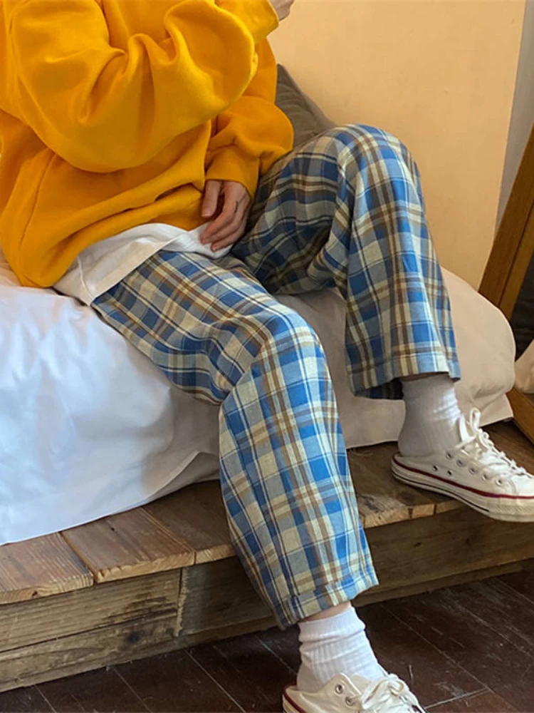 HOUZHOU Harajuku Plaid Pants Women Oversize Wide Leg Trousers Female Korean Style High Waist Checkered Pajama 2021 Spring Summer