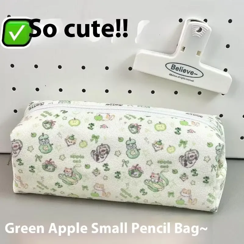 

1 Piece Cute Green Apple Cat Printed Makeup Bags Cartoon Kitten Pencil Bag Large Capacity Stationery Storage Bag