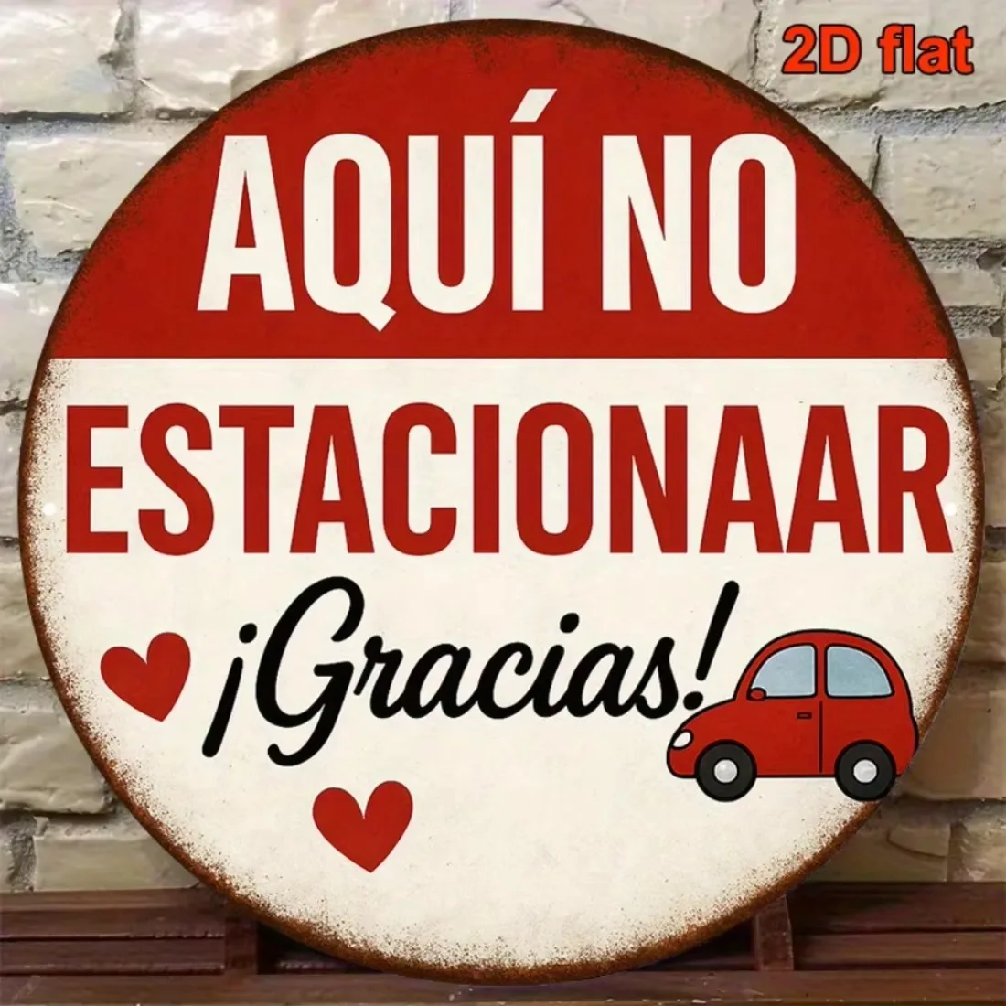 Retro Spanish No Parking 2D Metal Wall Sign, Heart Pattern and Red Border Design,Wall Art for Garage, Gate, Home Decor.