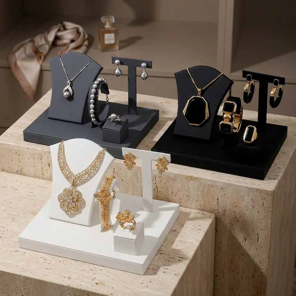 Fashion PU Leather Jewelry Display Stand Set Necklace Ring Earrings Bracelet Storage Rack Jewellery Organizer Showcase Props