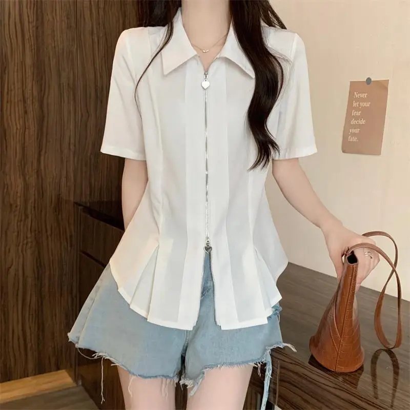 2024 New Summer Fresh Sweet Cool Fashion Personalized Polo Collar Slim Fit Western Style Double Zipper Short Sleeve Shirt