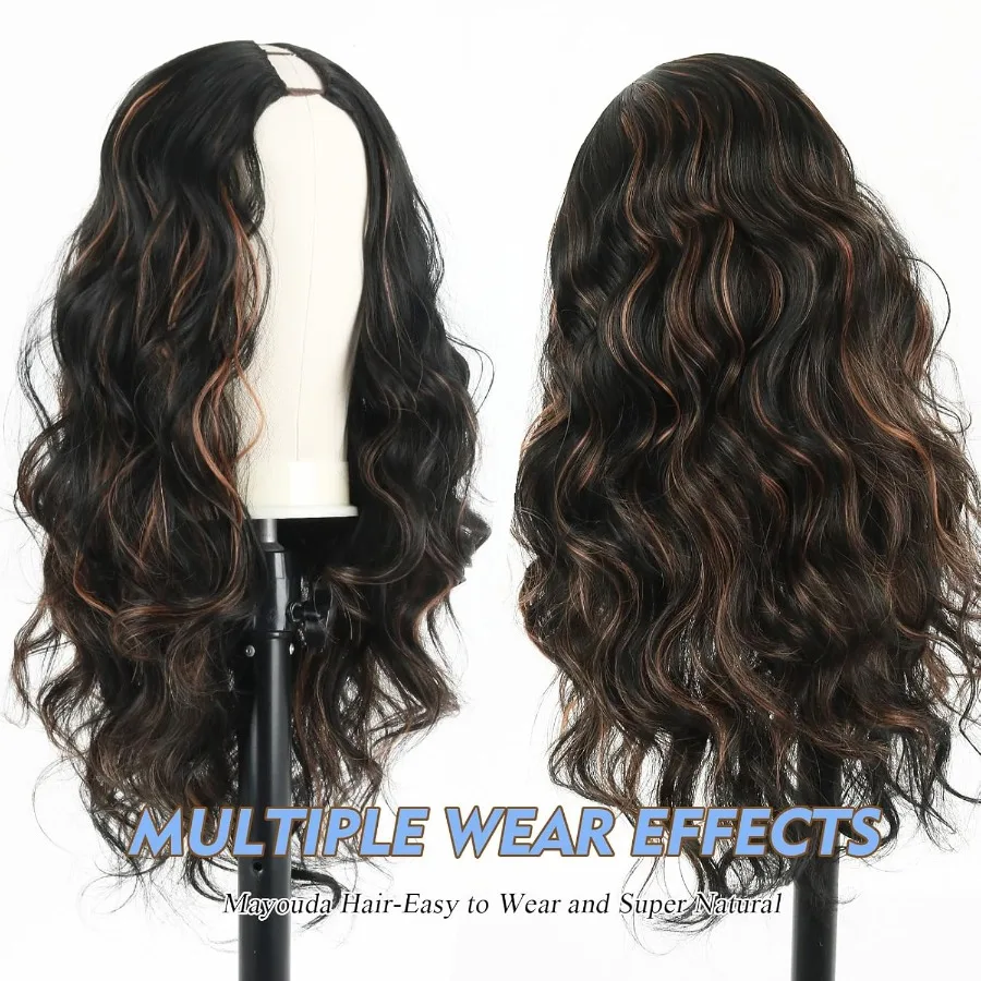 شعر مستعار طويل مموج على شكل حرف V مع أسود مع تسليط الضوء على براون ترقية U جزء باروكات صناعية مموجة للمياه للنساء السود رأس كامل Cl