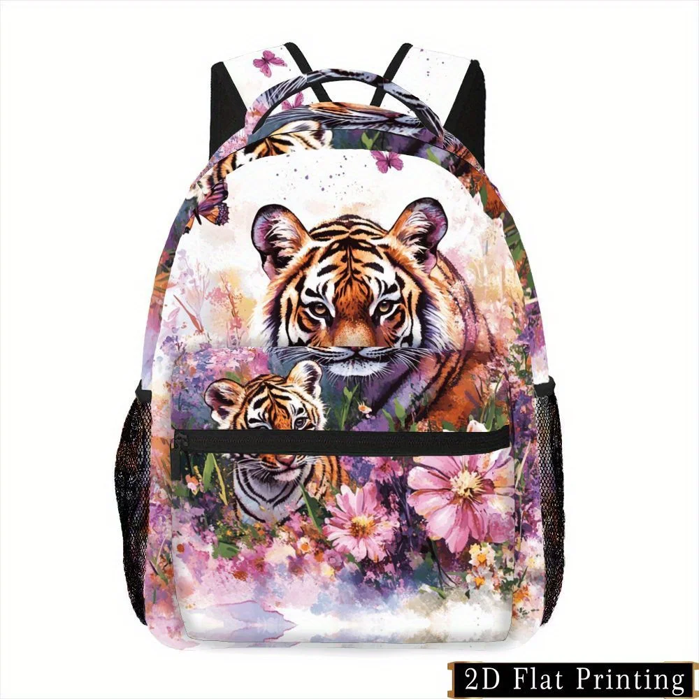 Tiger Print Backpack with Zipper Unique Design for Hand Washing Campus Fashion Essential Printed Pattern Shoulder