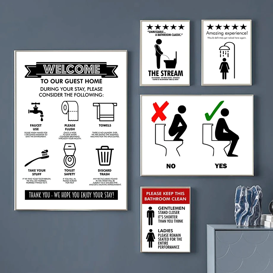 Wall Art Prints Canvas Painting Funny Toilet User Manual Black White Posters Bathroom Decoration Pictures Aesthetic Room Decor