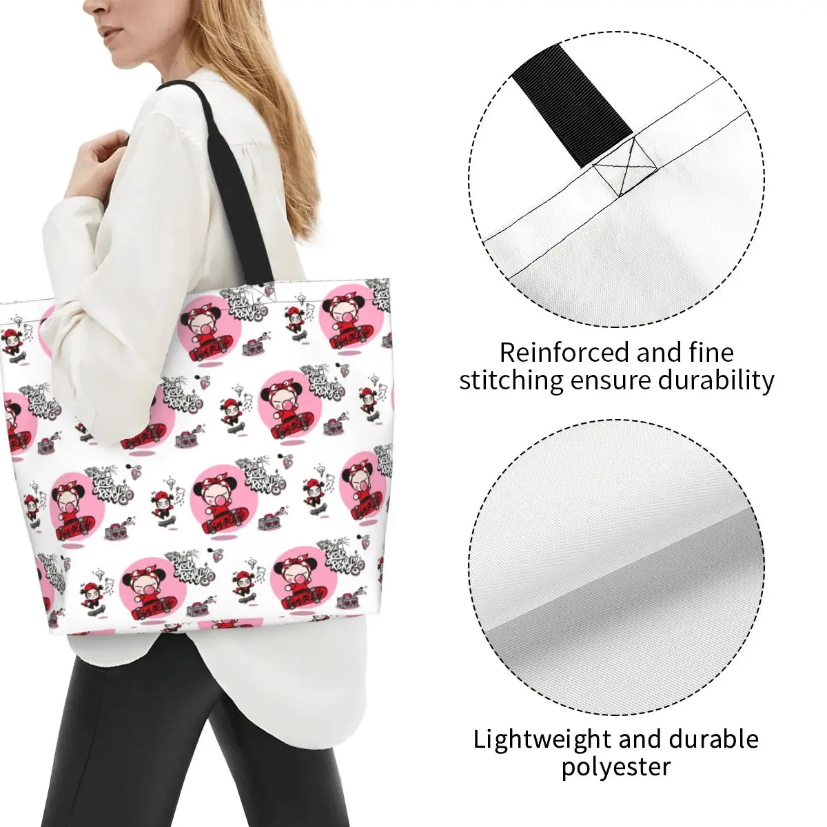 Cartoon Pucca Shopping Tote Bag Canvas Large Capacity Shoulder Bags Shopper Grocery Handbag for Women