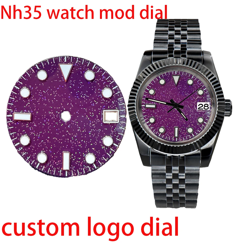 28.5mm NH35 Dial Custom logo Fit NH35/NH36 movement Blue Starry C3 luminous aseptic Purple single calendar watch dial parts