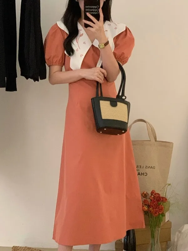 발레 슬리브 드레스 자수 나비 칼라 헵번 스타일 롱 스커트 한국 스타일 봄 여름 가을 겨울 유니버설