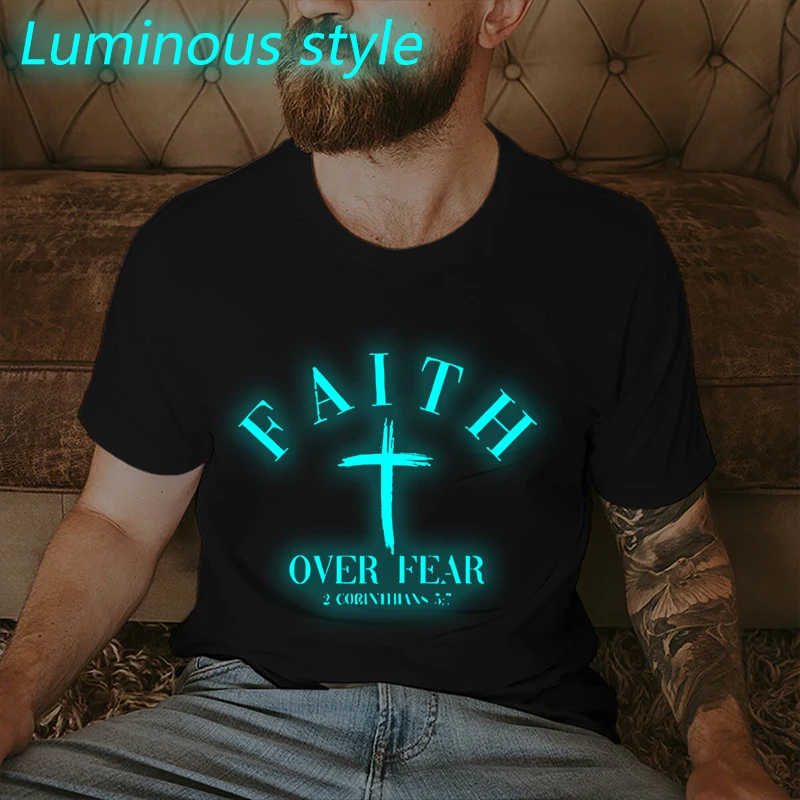 Faith Over Fear Vintage Jesus Theme Men T-shirts Short Sleeve Crewneck Casual Tees Christianity Fashion Unisex Streetwear