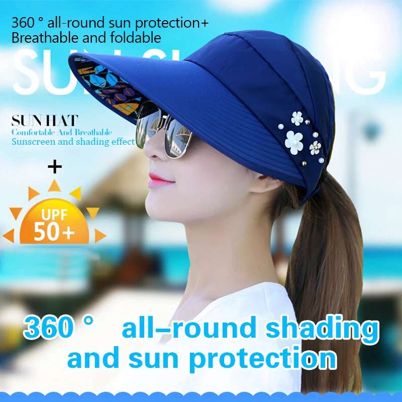 

1PC New Korean Women's Outdoor Open Top Hat UPF50+ UV Protection Wide Brim Beach Sun Visor Adjustable Hat Foldable Sun Hat