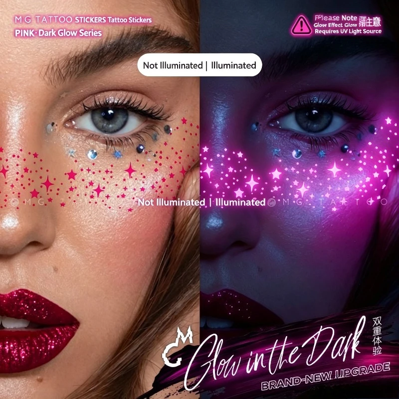 Glow in Dark Party Tattoo Stickers for Woman Freckles Fluorescent Night Luminous Fake Tattoo Face Art Pink Temporary Tattoos