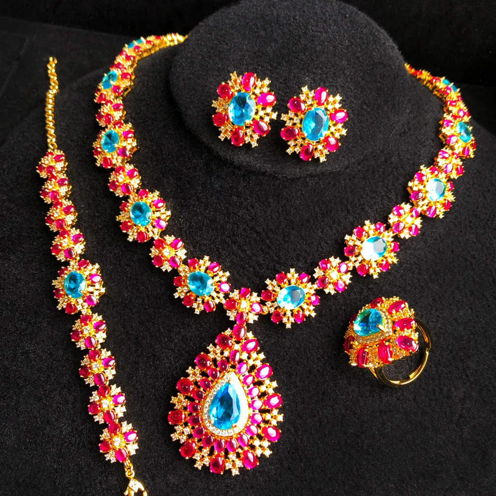 Soramoore Famous Brand 4PCS Ruby CZ Luxury African Jewelry Set For Women Wedding Party Zircon Crystal Dubai Bridal Jewelry Gift