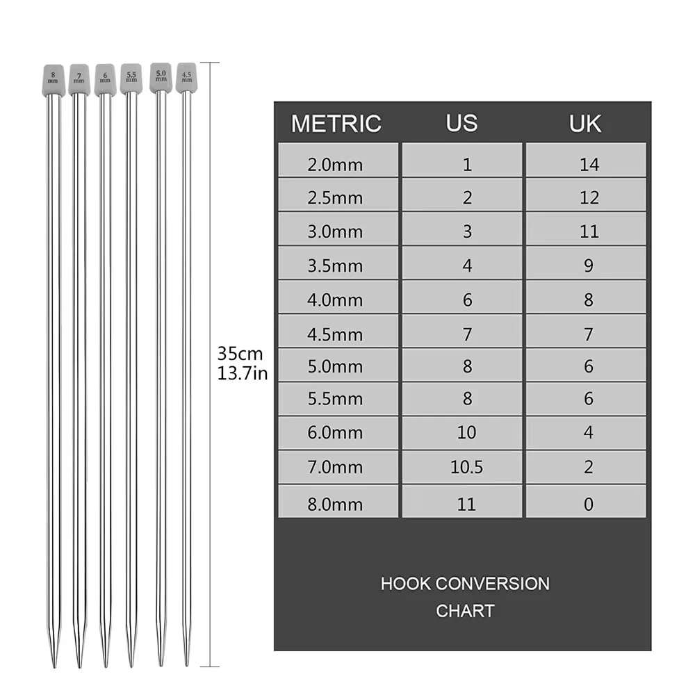 22Pcs Stainless Steel Knitting Needles 2 mm-8 mm Straight Single Pointed Crochet Hook Sets 25/35cm Sweater Needles for Knitting