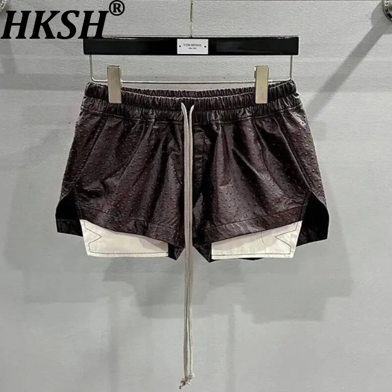 HKSH Women Shorts Drawstring Elastic Waisted Embossed PU Leather Shorts Color Block Pockets Dark Y2K Sexy Chic Hot Pants HK15175