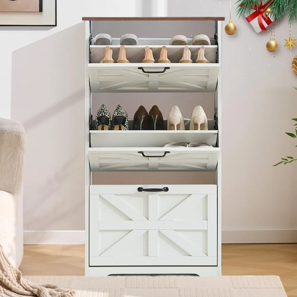 

Shoe Storage Cabinet, Space-Saving Freestanding Shoe Rack Cabinet with 3 Flip-Up Drawers, Hidden Entryway Organ