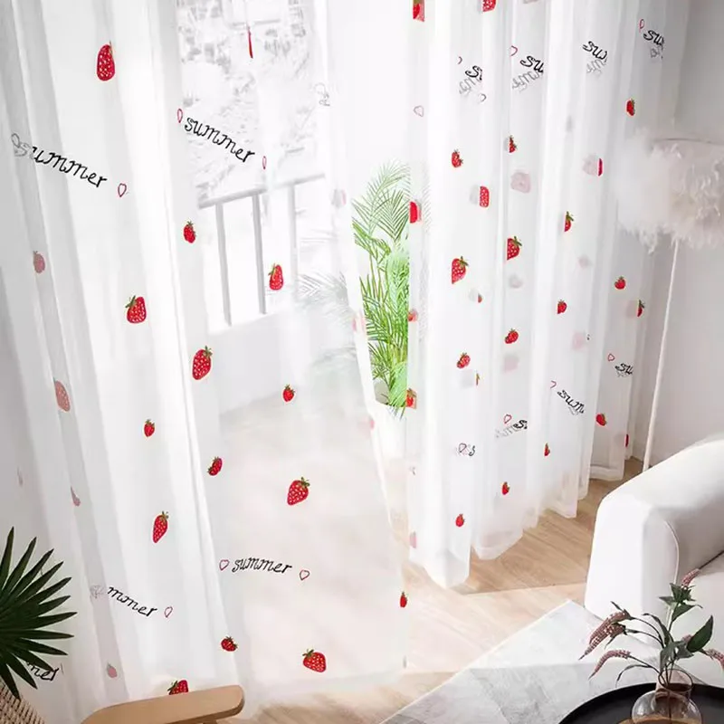 Cartoon Sweet Strawberry Embroidered Tulle Curtain For Girly Room Kids Room Cute Fruit White Transparent Sheer Drapes Custom