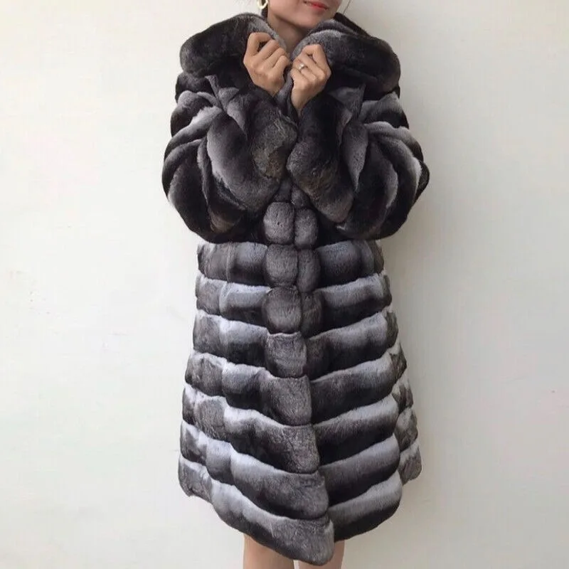 Women Genuine Rex Rabbit Fur Coat Luxury Chinchilla Thick Mid-Length Overcoat Winter Fashion Big Lapel Real Fur Warm Outwear ﻿