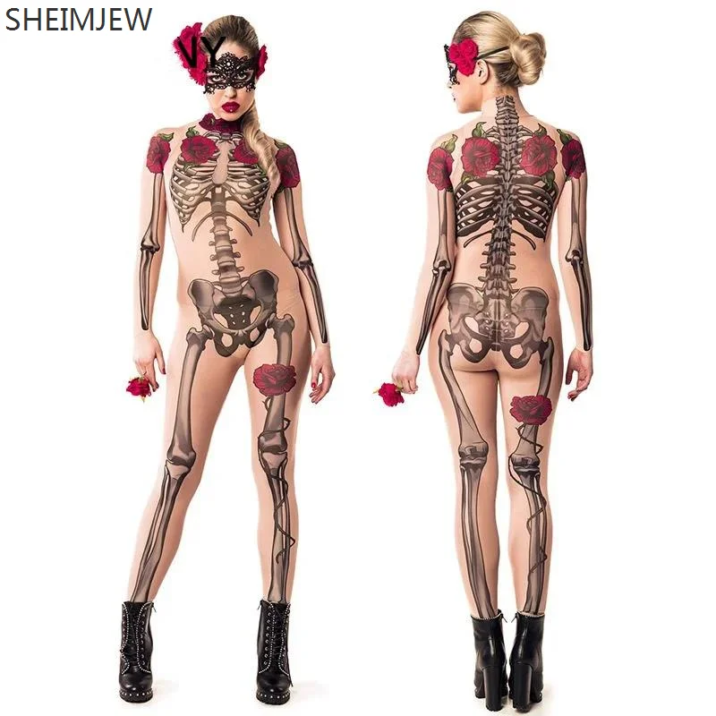 

New Sexy High-necked Long Sleeve Cosplay Catsuit Skull Skeleton Rose Jumpsuit Elastic Slim Tight Halloween Bodysuit Rave Outfits