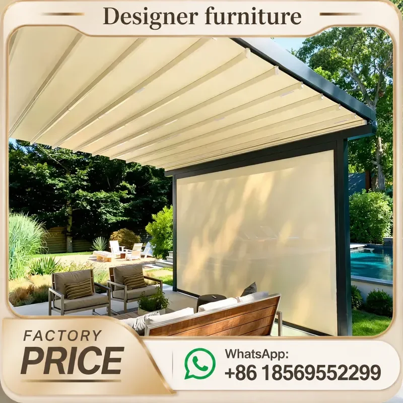 Motorized Retractable Fabric Canopy Aluminum Frame Outdoor Patio Pergola Shade With Side Privacy Screen For Garden Terrace