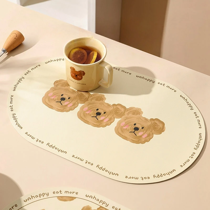 Tischset, rutschfest, hitzebeständig, wasserdicht, für Küche, Esszimmer, Tischset, Tassenuntersetzer, Cartoon-Leder-Finish, oval, Heimbedarf