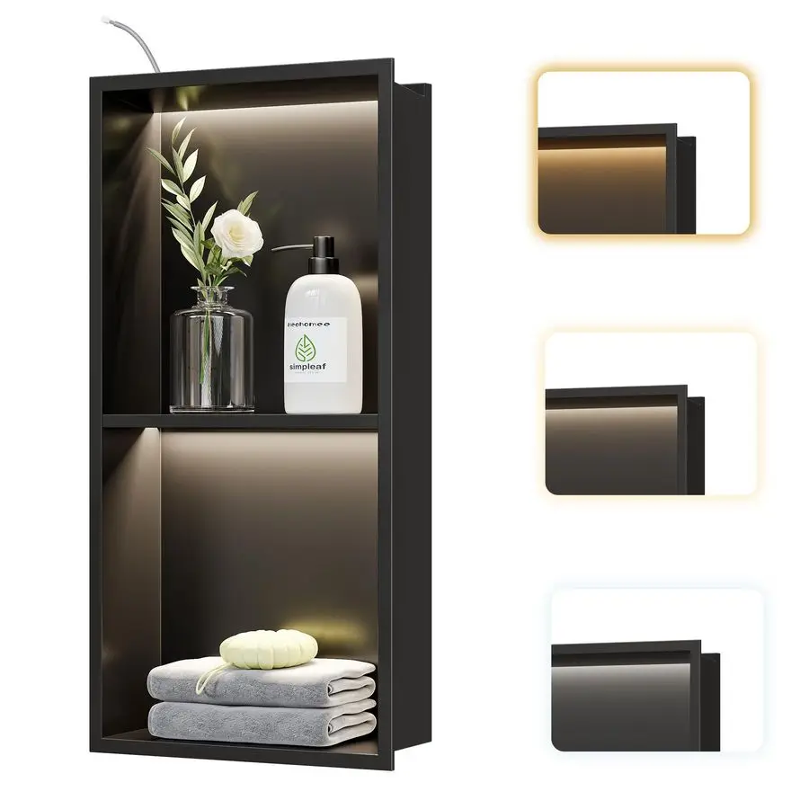 Recessed LED Shower Niche,12X24 Bathroom Wall Niche, with 3Temperature LED Strip Light 4000K 6000K 3000K, Waterproof No Tile Nee