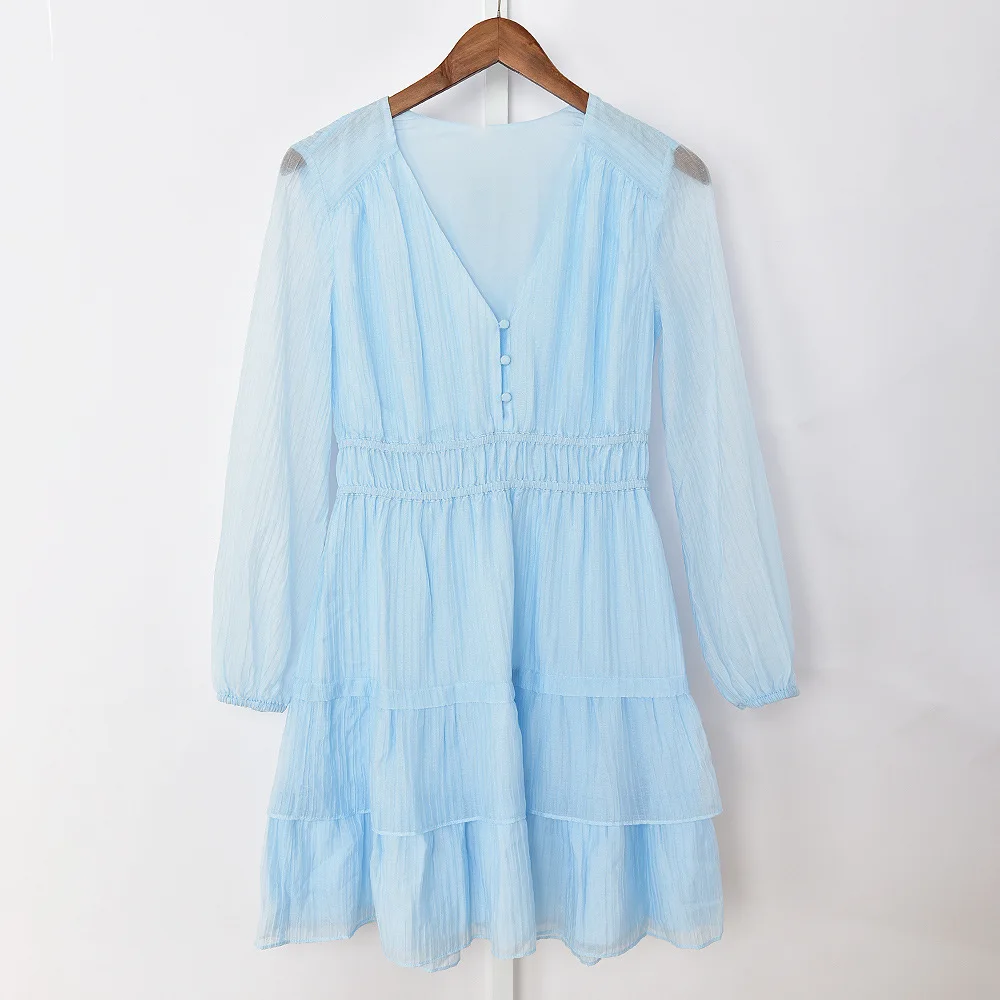 Women Blue Dress Pleated V-Neck Elastic Waist Puff Sleeve Sweet Mini Robe