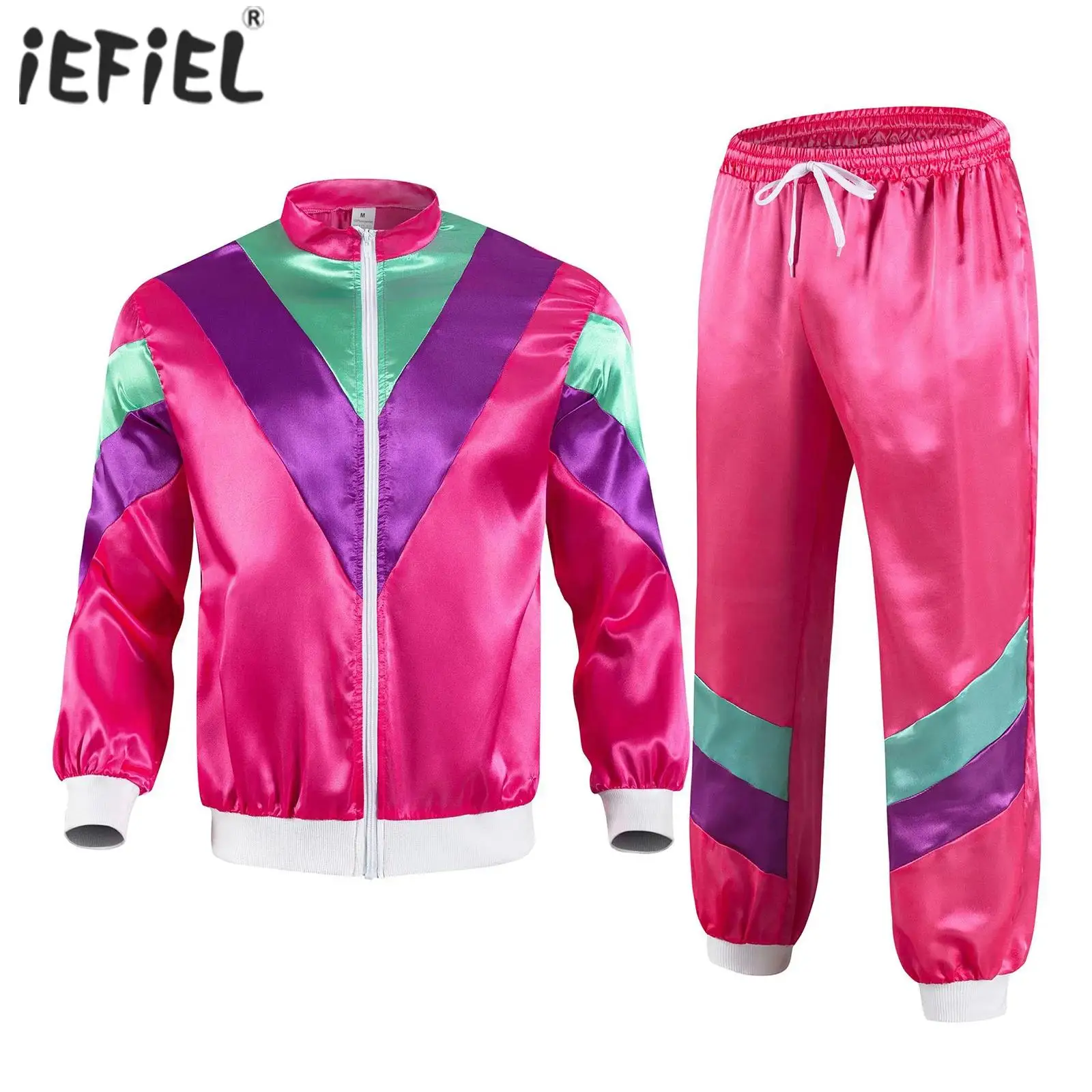 Womens 80s Disco Dance Sets Theme Party Tracksuit Satin Sports Set Stand Collar Long Sleeve Jacket with Drawstring Sweatpants