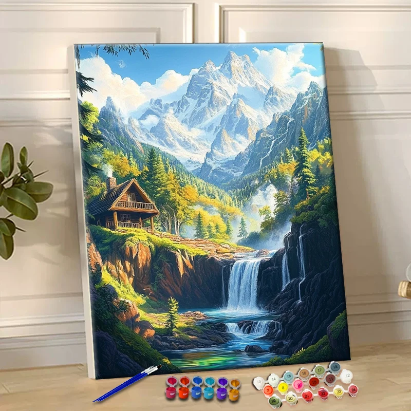 

Painting By Numbers Wooden House and Waterfall Acrylic Paint Canvas Dropshipping Portrait Family Children Photo Christmas gifts