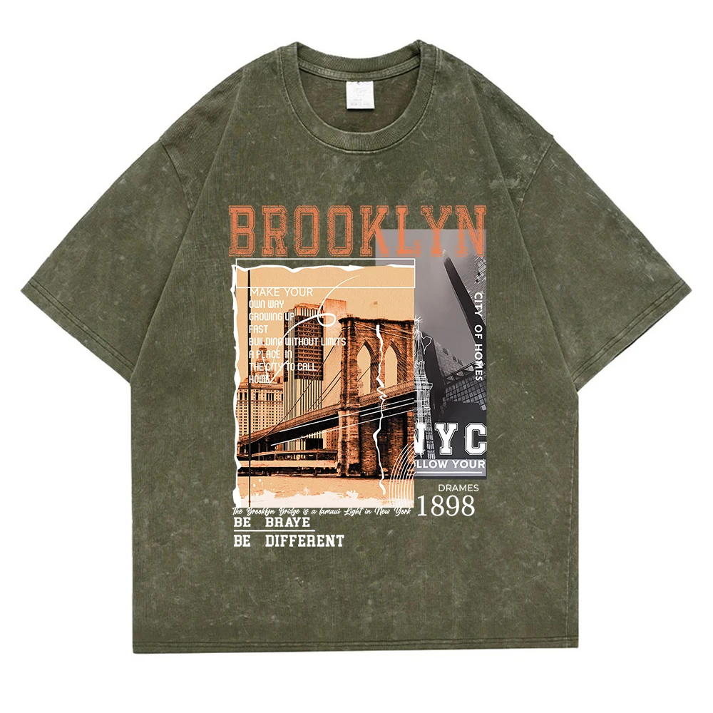 Brooklyn 1898 Nyc Be Different Washed Retro Snow T-Shirt Casual Loose Tops Oversized Summer Tee Clothes Fashion Cotton Clothes