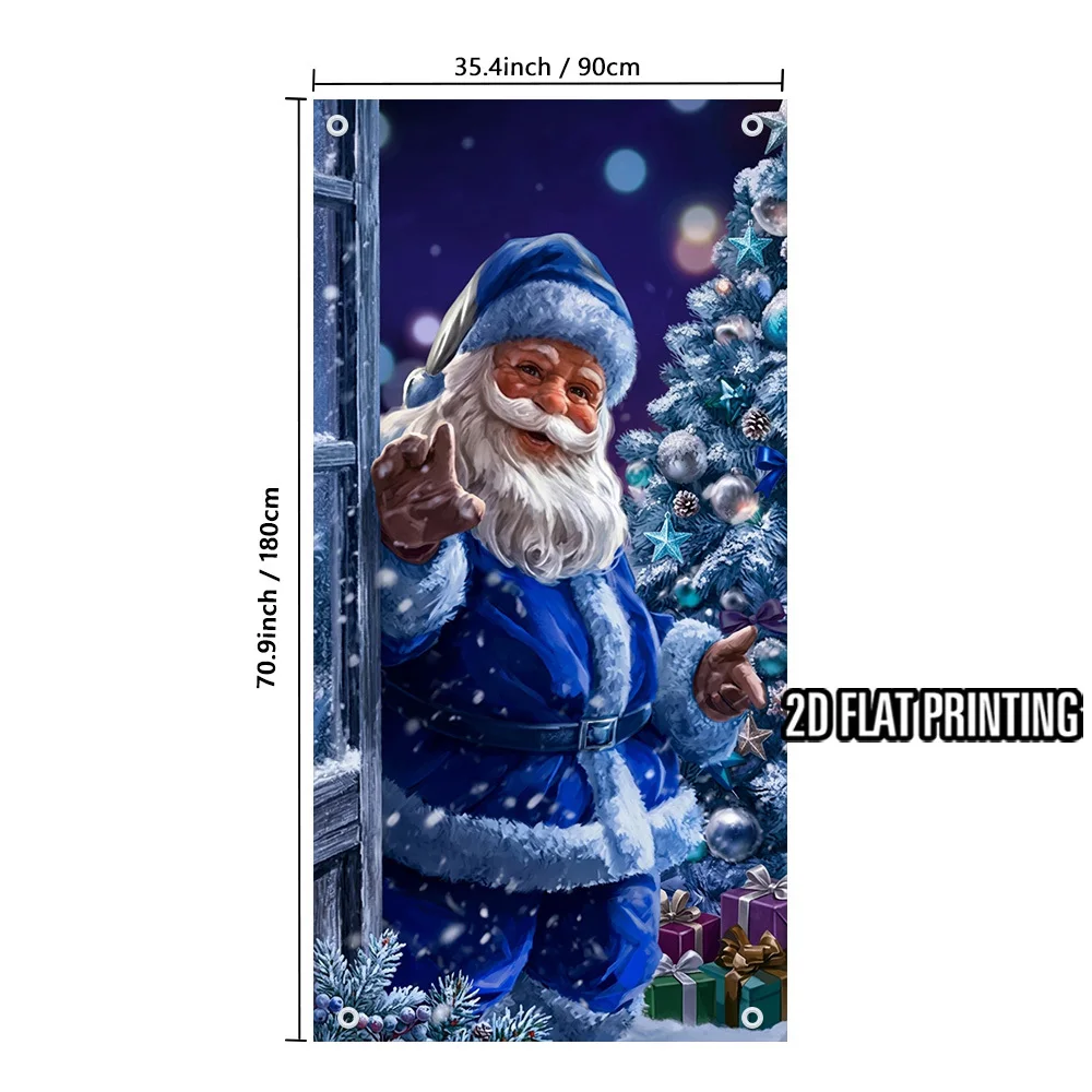 2D Flat, Door Banner, Christmas Blue Santa Greeting Door Banner Polyester, Easy-To-Hang Banner for Home and Party