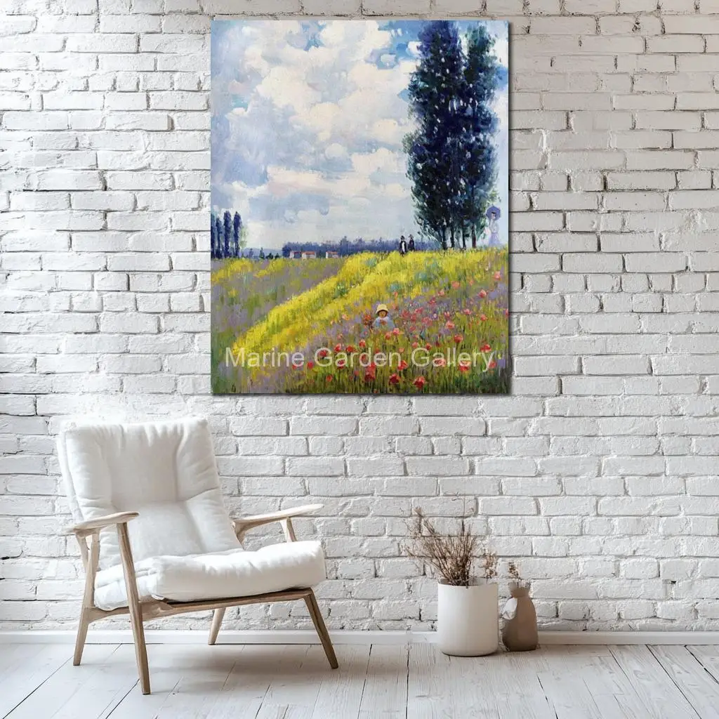 Handmade Romantic Impressionist Canvas Claude Monet Masterpiece Walk Meadows Oil Painting Artwork Large Kitchen Wall Decor