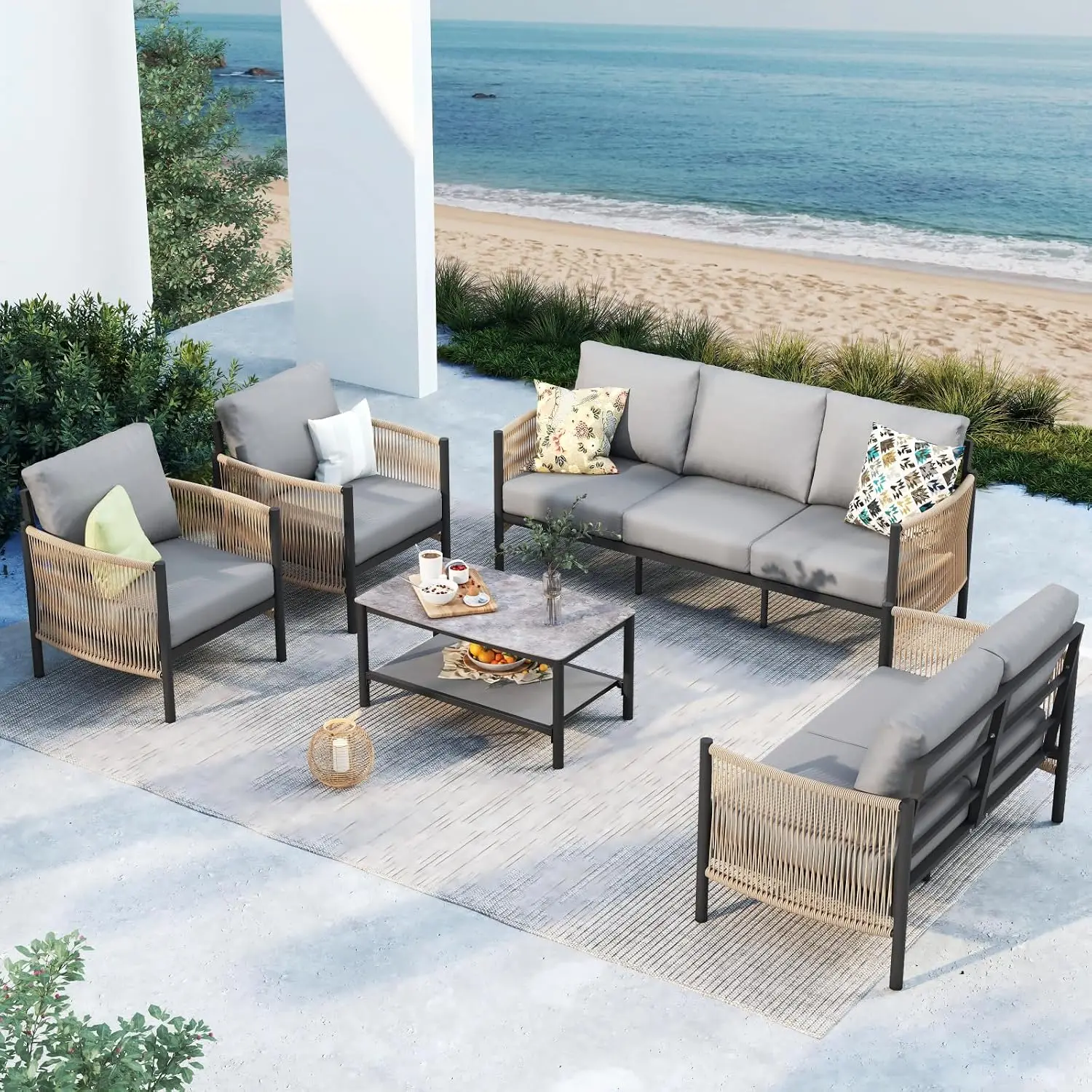 Aluminum Outdoor Patio Furniture Set with Dual-Layer Coffee Table, 5 Piece Modern Patio Conversation Sets with PE, Customized