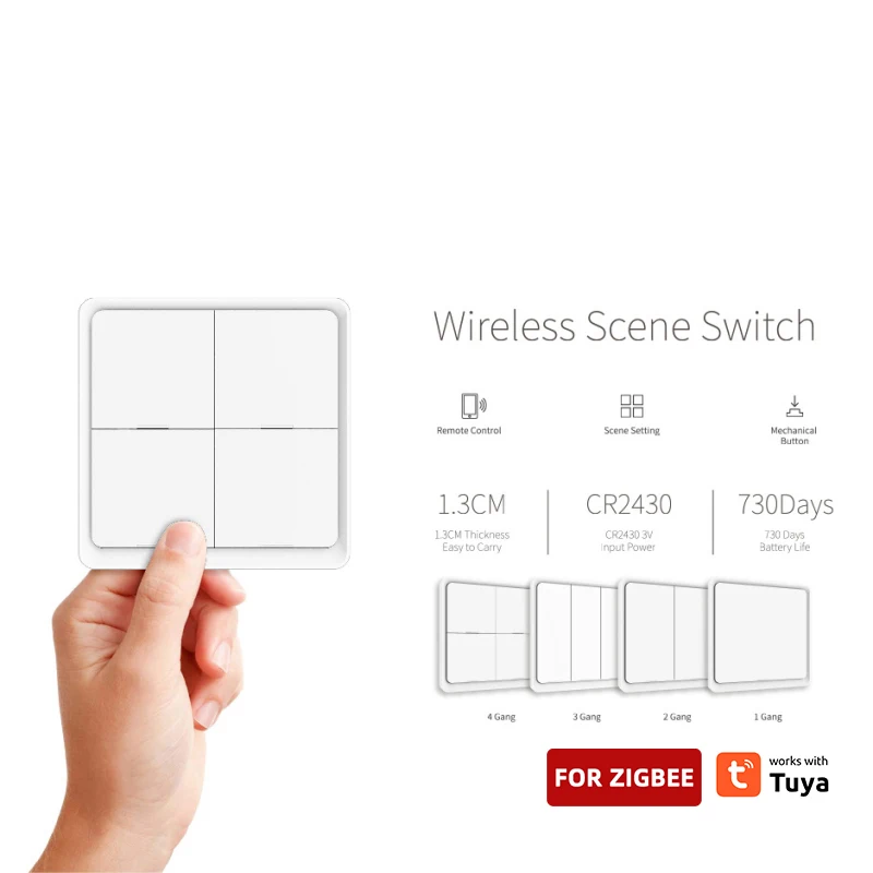 1-Tuya Wall Switch Smart Home Wireless Free Sticker 4-way Panel Scene Button Works With Alexa Home Hub Need