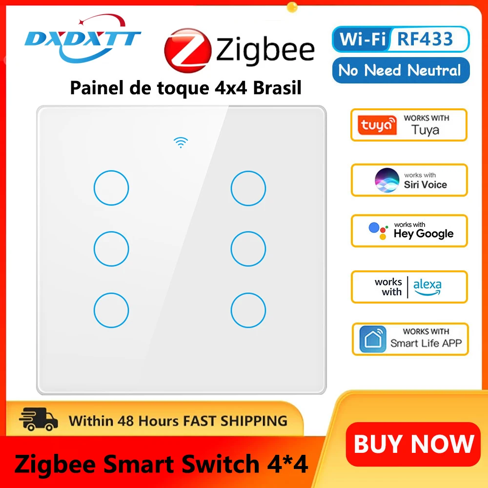 Tuya Zigbee Smart Switch Brasile4x4 RF433 Sensore tattile Smart home Interruttore della luce Nessun cavo neutro Funziona con Alexa Google Home Alice