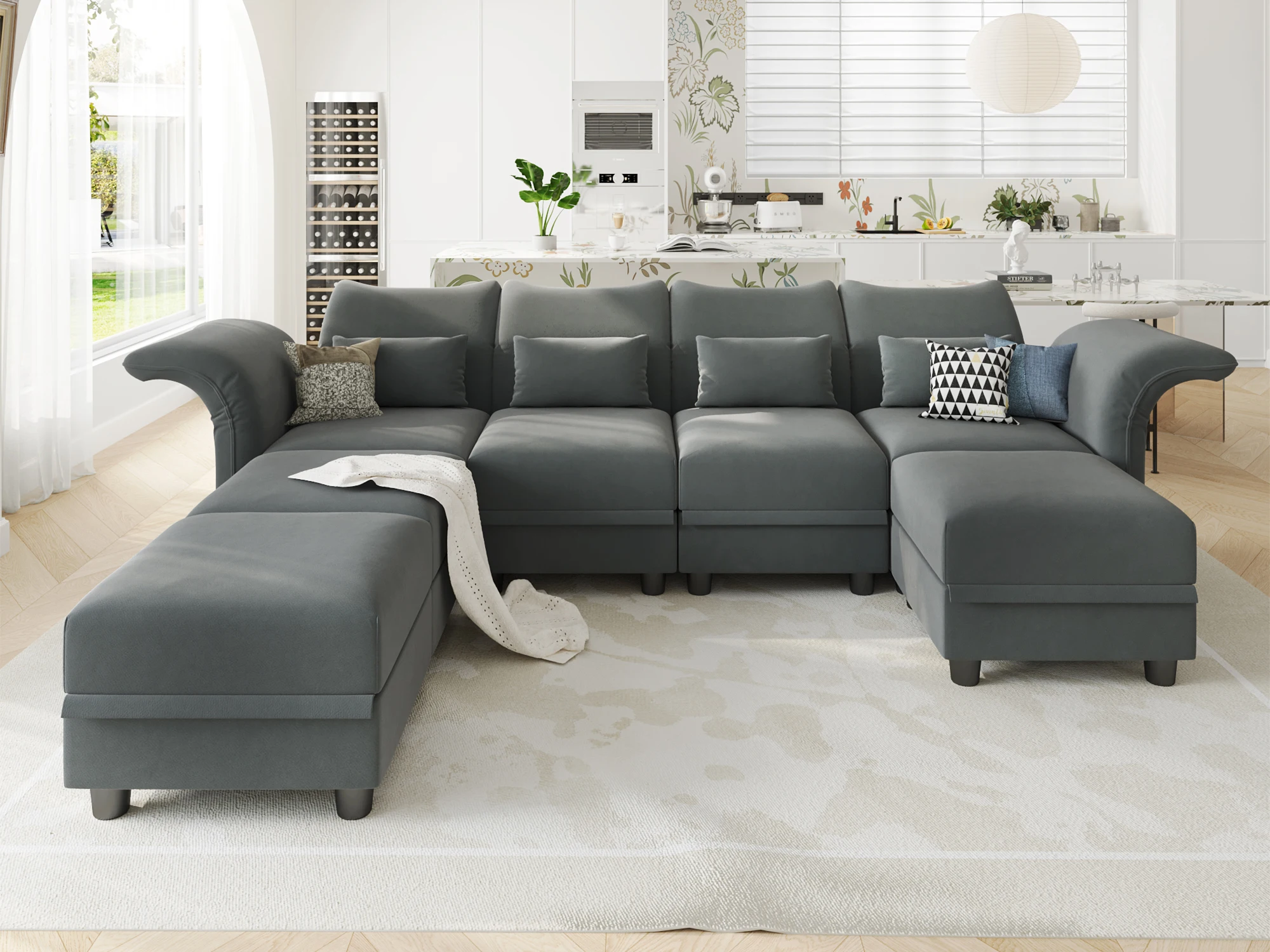 

Velvet Modular Sectional Sofa, Convertible U Shaped Reversible Sectional Couch with Storage Chaise,High Back Modular Grey