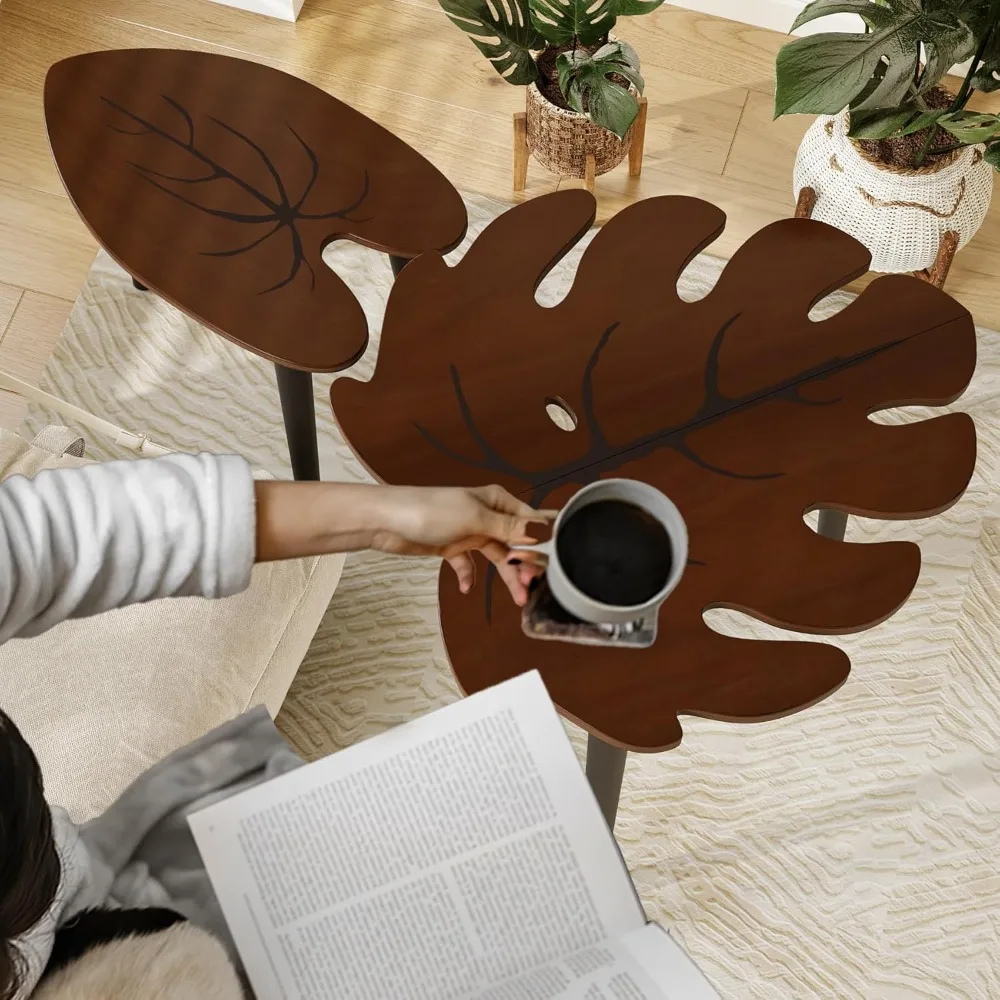 Conjunto de 2 mesas de madeira modernas com design de folha Monstera para sala de estar