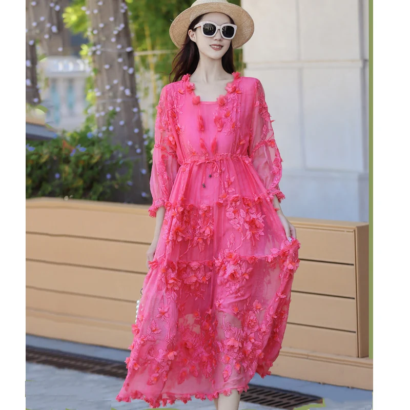 

High End Autumn New Rose Red Women's Luxury Floating Flower Embroidery Wide Adjustable Waist Mid Length Dress One Size