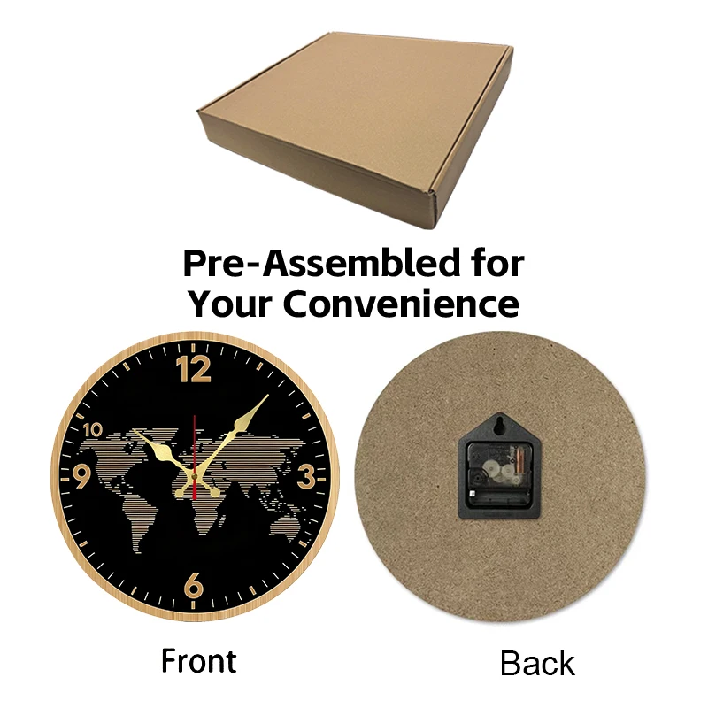 Orologio da parete sospeso silenzioso rotondo in legno a tema mappa del mondo, adatto per soggiorno, ufficio, sala studio, camera da letto, decorazione domestica