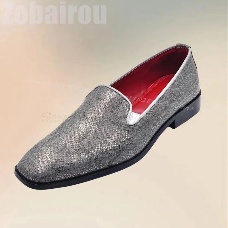 Gray Fish Scale Print Square Toe Men Loafers Fashion Slip On Men Shoes Luxurious Handmade Party Banquet Office Men Dress Shoes