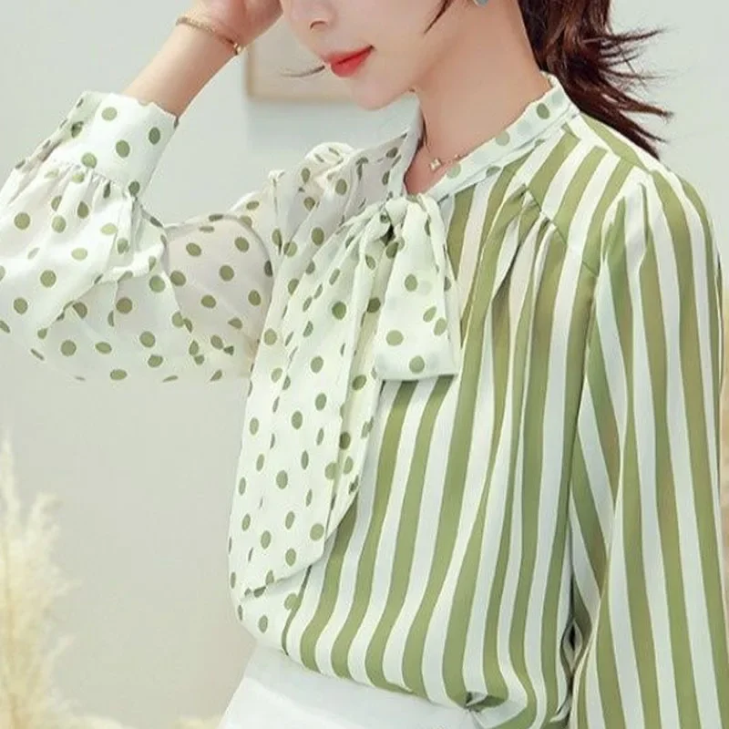 New Fashion Trend Chiffon Color Matching Striped Bow Ribbon Versatile Charm Niche Design Sense Long Sleeved Women's Shirt L453