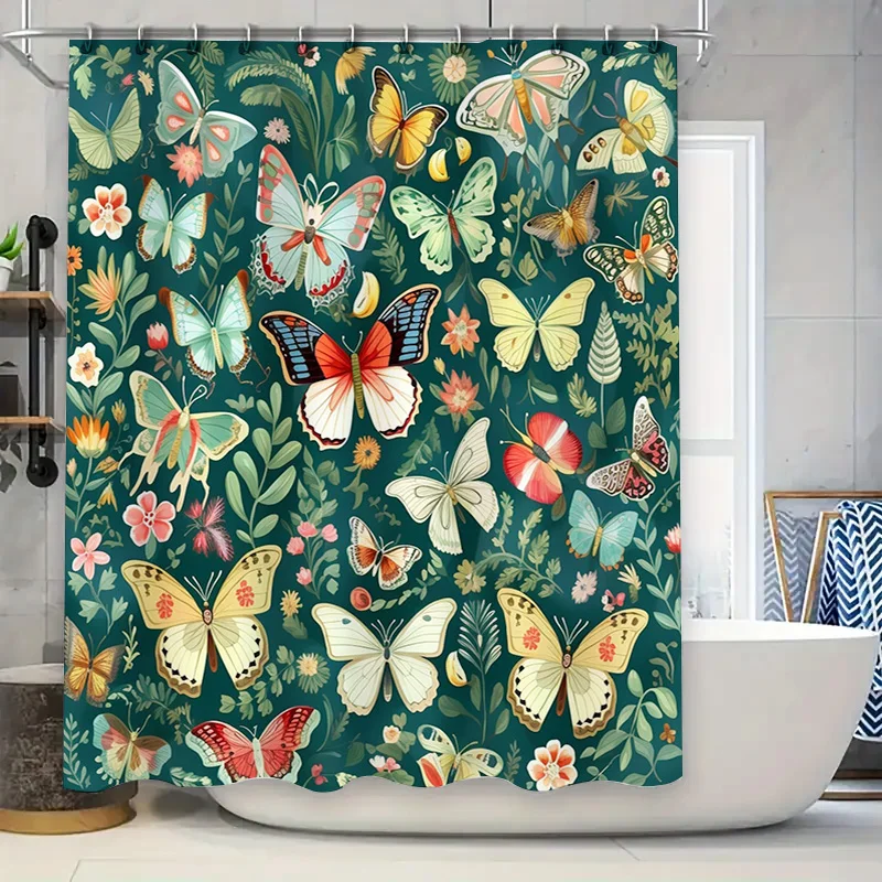 Colorful Butterfly Flower Shower Curtain Waterproof Fabric Decor for Bathroom