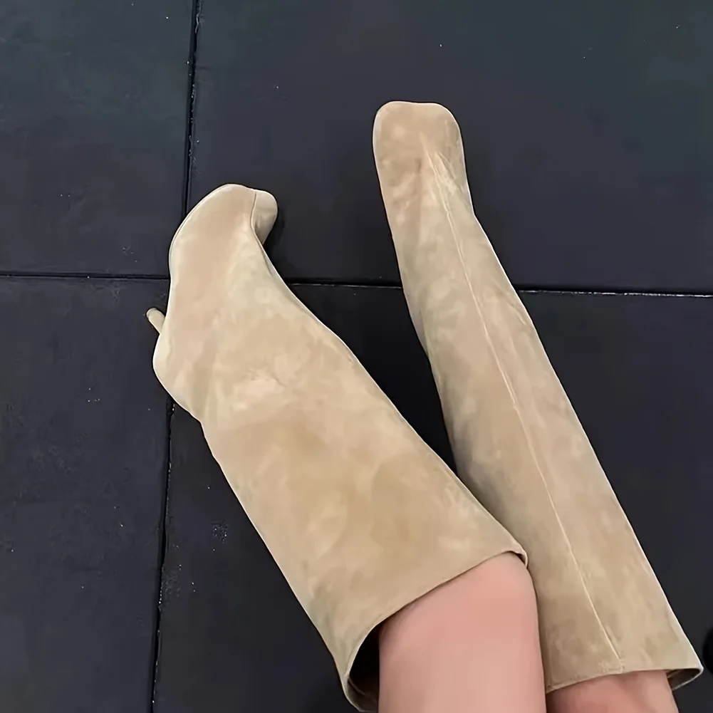

2026 Women's Suede Knee High Boots Fashion Square Toe Stiletto Thin High Heels Pull On Party Dress Sexy Long Boots Woman