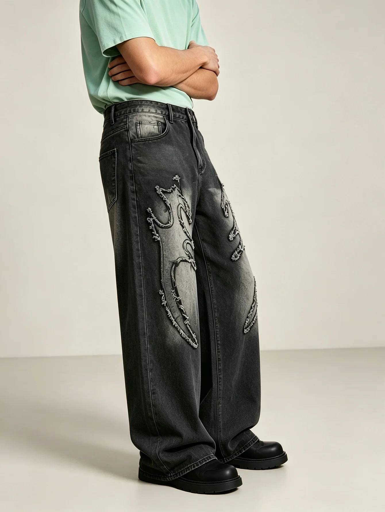 Black Dark Wash Y2K Trendy American Street Oversized Denim Jeans High Stretch Skin-Friendly Cloth Hip Hop Street Outfit, Warm Fe