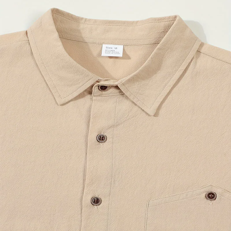 Camisa Masculina de Linho com Manga Curta e Botões, Casual, para Praia, com Bolso no Peito, Respirável, Leve, para o Verão.